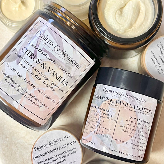 Orange & Vanilla Set: Candle, Lip Balm Cream, Lotion